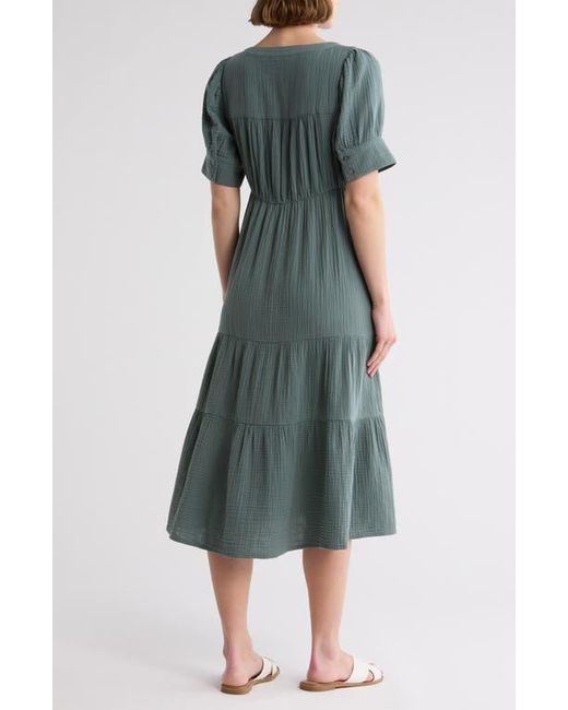 knee length dresses for ladies Madewell Patchwork Gingham Button-Front Tiered Midi Dress