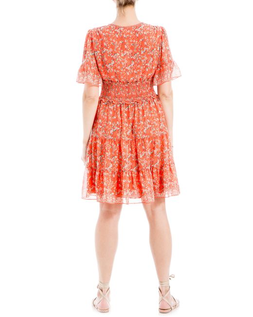 Max Studio Orange Georgette Ditsy Floral Print Tiered Dress