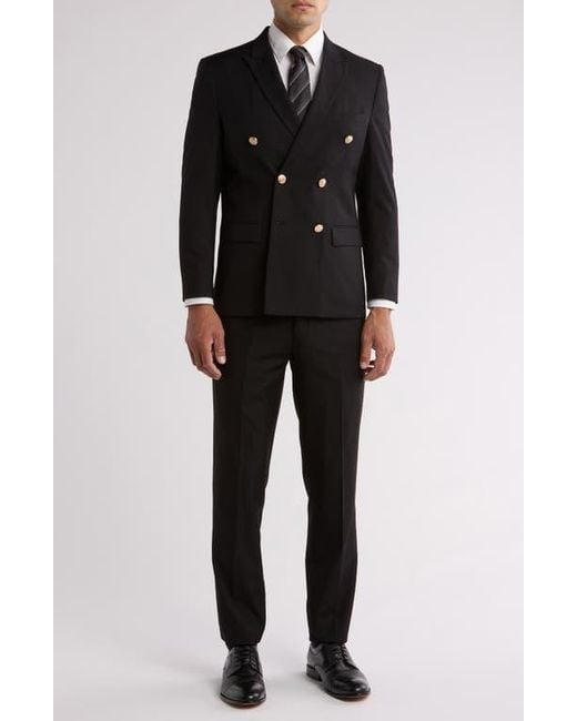 Gino Vitale Black Slim Fit Solid Double Breasted Suit for men