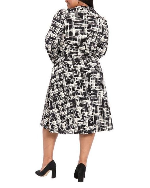 London Times Black Print Long Sleeve Side Tie Jersey Fit & Flare Dress