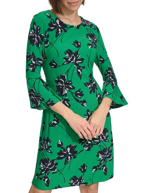 Tommy Hilfiger Green Camille Floral Bell Sleeve Jersey Shift Dress