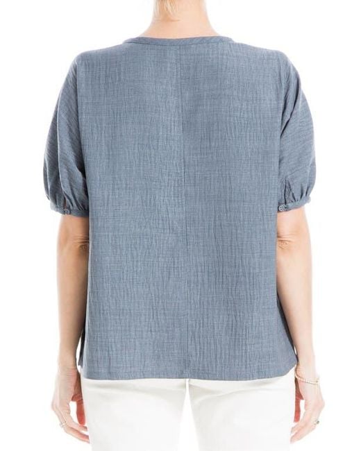 Max Studio Blue Short Sleeve Split Neck Blouse