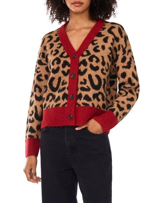 1.STATE Red Colorblock Trim Leopard Spot Cardigan