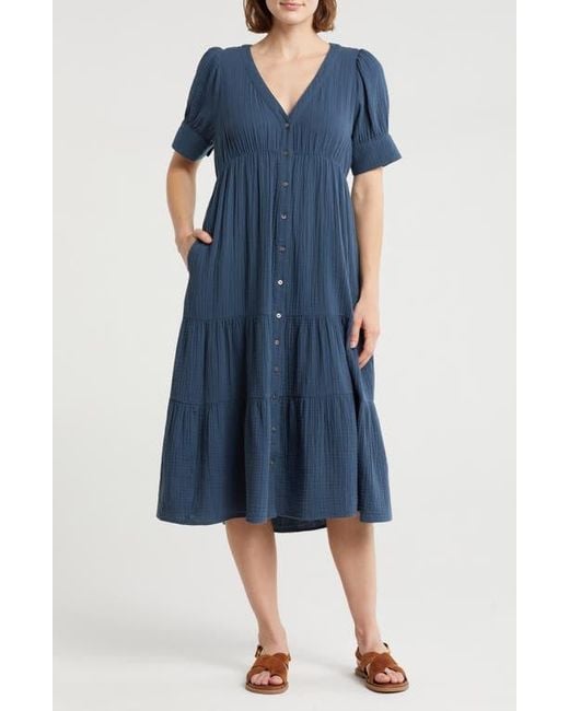 Madewell Blue Lightspun Tiered Button Front Midi Dress