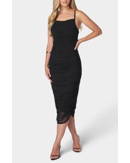 Bebe Black Ruched Mesh Midi Slipdress