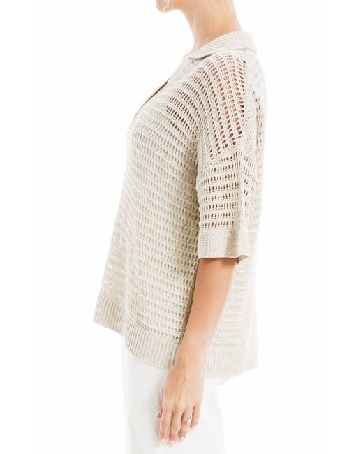 Max Studio White V-neck Knit Polo Sweater
