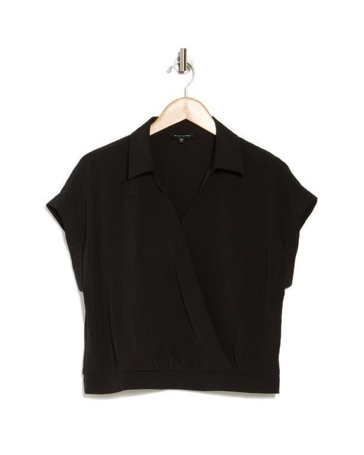 Pleione Black Short Sleeve Faux Wrap Textured Satin Top