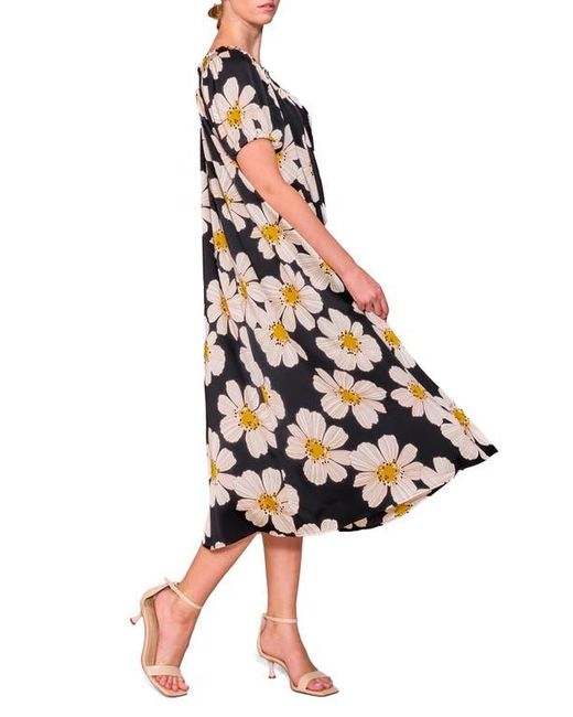MELLODAY Black Floral Off The Shoulder Puff Sleeve Satin Dress