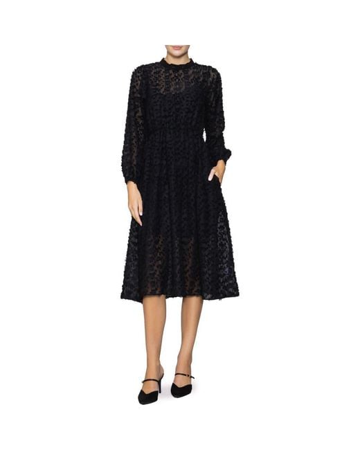 MELLODAY Black Leopard Spot Jacquard Long Sleeve Tiered Dress