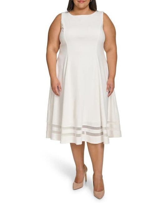 Calvin Klein Women's White Mesh Panel Fit Flare Midi Dress