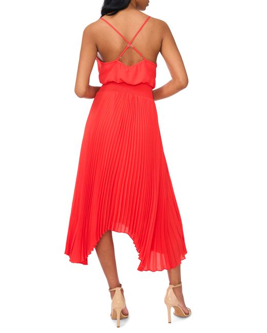 Halogen® Red Pleated Sharkbite Hem Midi Dress