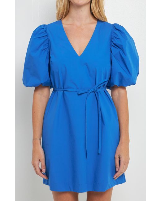 English Factory Blue Puff Sleeve Cotton Shift Dress
