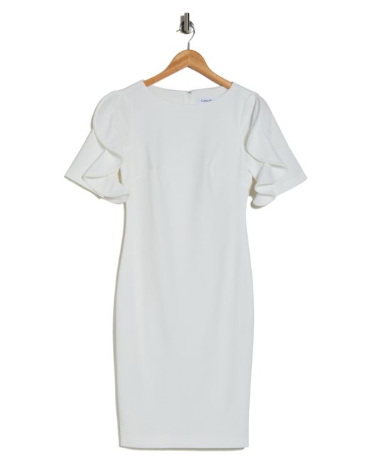 Calvin Klein White Ruffle Sleeve Scuba Crepe Sheath Dress