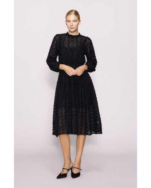MELLODAY Black Leopard Spot Jacquard Long Sleeve Tiered Dress