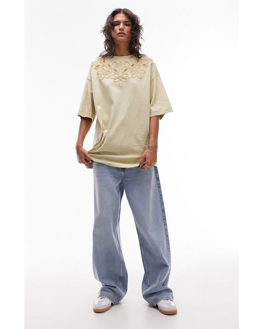 TOPSHOP Natural Oversize Embroidered Cotton T-shirt
