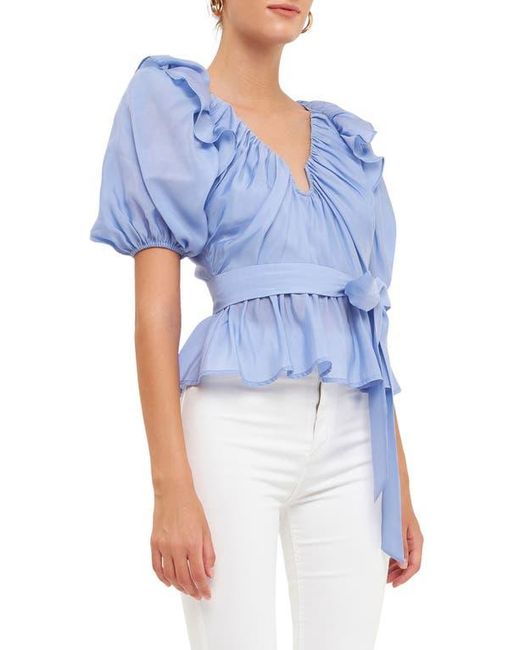 Endless Rose Blue Ruffle Puff Sleeve Top