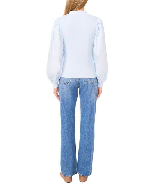 1.STATE Blue Balloon Sleeve Mixed Media Top