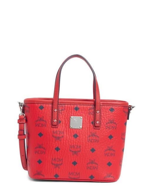 MCM Red Aren Visetos Coated Canvas Tote