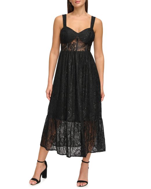 Guess Black Floral Lace A-line Midi Dress