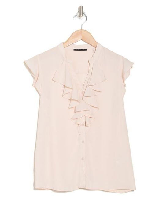 Tahari Natural Ruffle Short Sleeve Button-Up Top