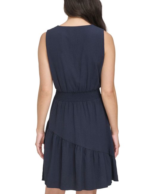 DKNY Blue Smock Waist Ruffle Detail Sleeveless Dress
