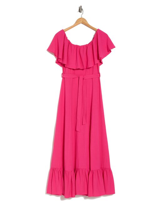 Calvin Klein Pink Off-the-shoulder Gauze Midi Dress