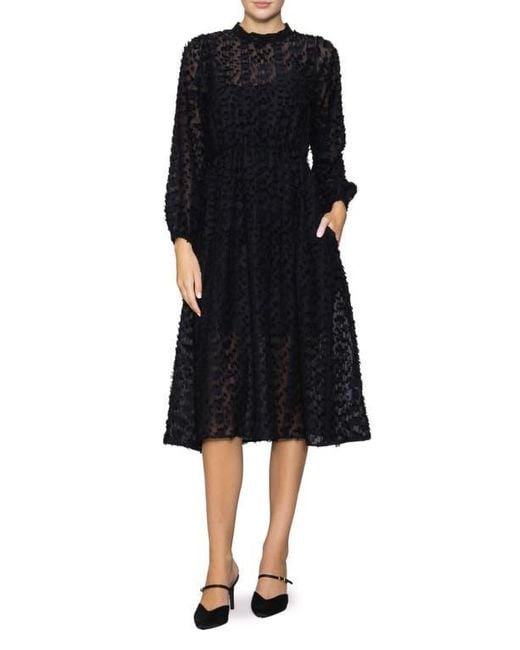 MELLODAY Black Leopard Spot Jacquard Long Sleeve Tiered Dress