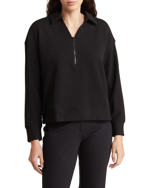 Adrianna Papell Black Ottoman Rib Zip Front Pullover Top