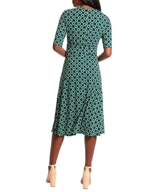 London Times Green Geo Print Elbow Sleeve Fit & Flare Dress