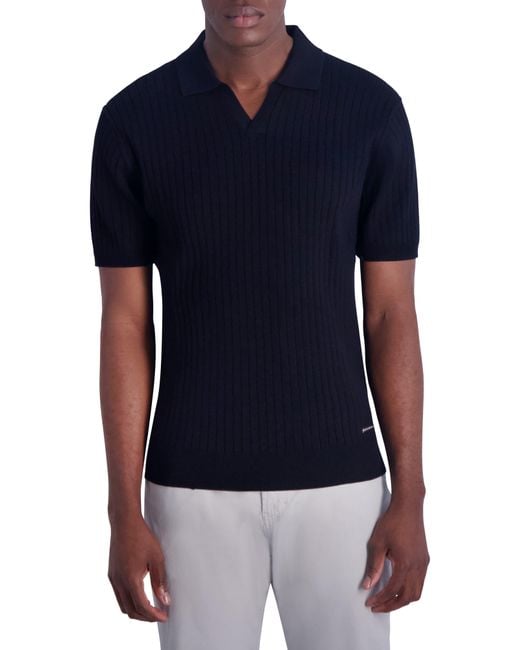 Karl Lagerfeld Blue Ribbed Johnny Collar Polo Sweater for men