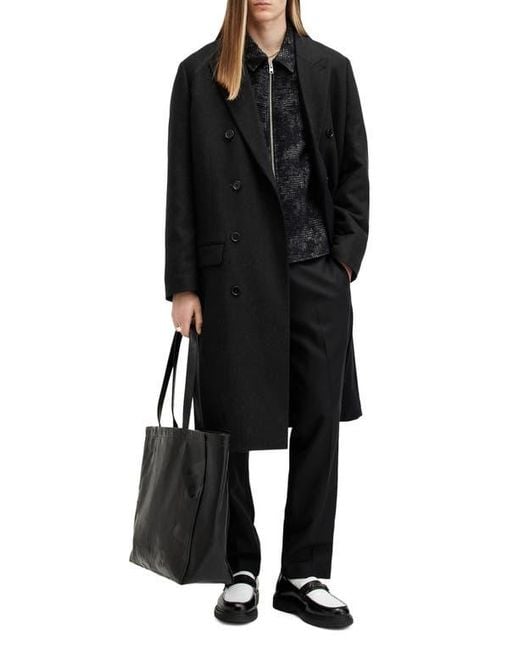AllSaints Black Arcade Double Breasted Wool Blend Topcoat for men