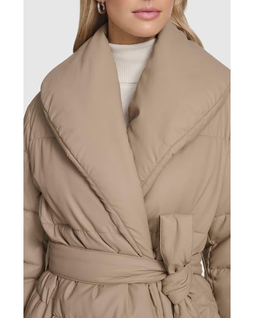 Andrew Marc Natural Adela Faux Leather Shawl Collar Quilted Wrap Coat
