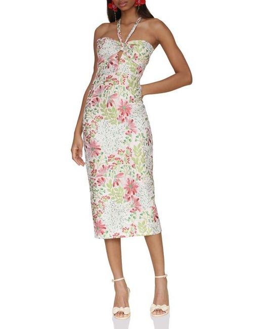 Avec Les Filles Multicolor Floral Brocade Halter Neck Midi Dress