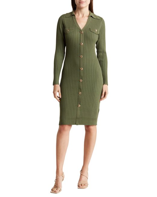 Nanette Lepore Green Long Sleeve Button Front Sweater Dress
