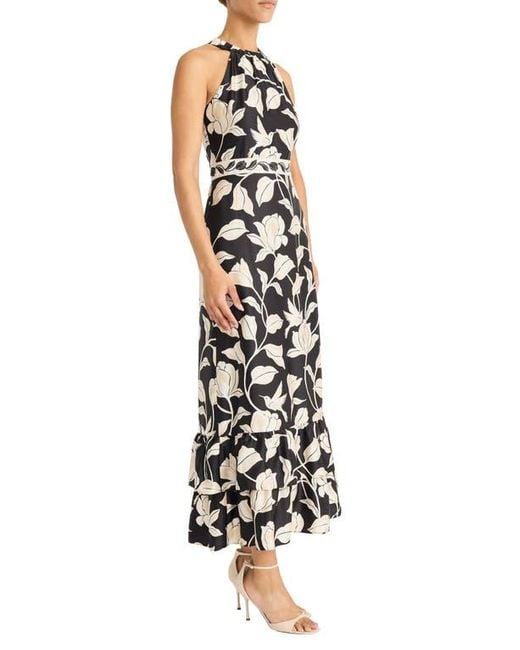 Maggy London White High Neck Ruffle Maxi Dress