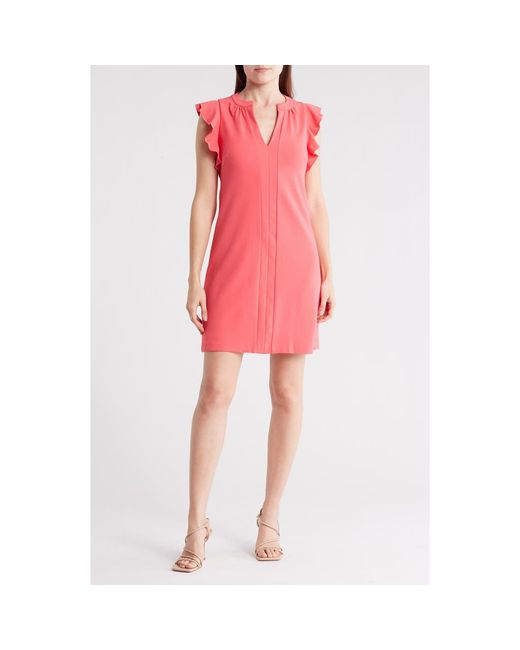 Vince Camuto Red Split Neck Ruffle Scuba Crepe Dress