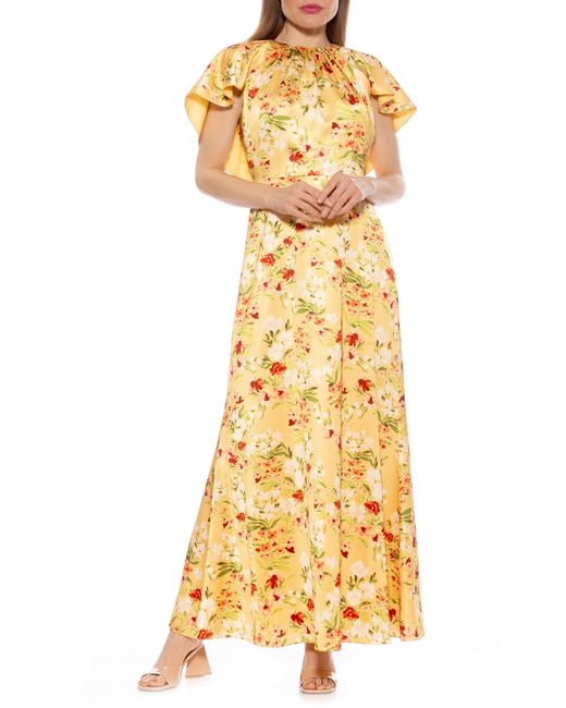 Alexia Admor Yellow Danica Capelet Sleeve Satin Maxi Dress