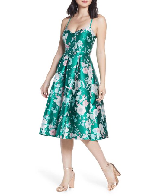 Eliza J Floral Jacquard Fit & Flare Dress in Green | Lyst
