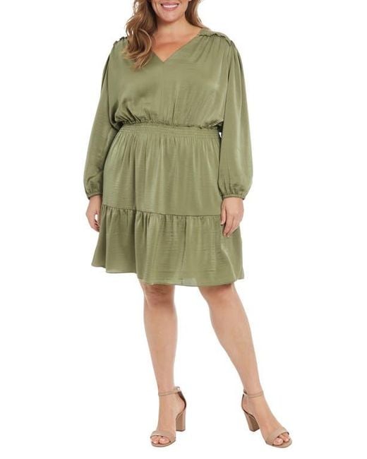 London Times Green Air Wash Smock Waist Long Sleeve Dress