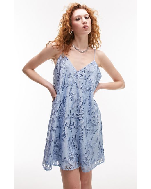 TOPSHOP Blue Embroidered Mini Swing Dress