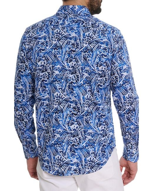 Robert Graham Blue Floral Wave Print Long Sleeve Shirt for men