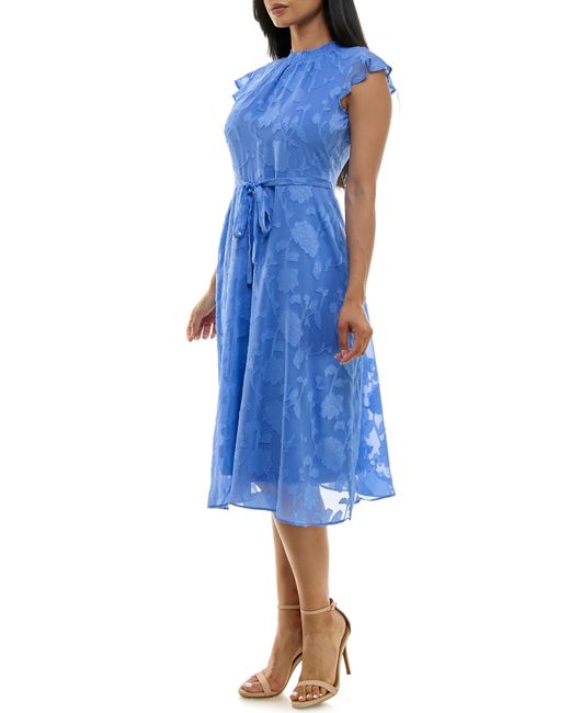 Nina Leonard Blue Mock Neck Flutter Sleeve Midi Dress