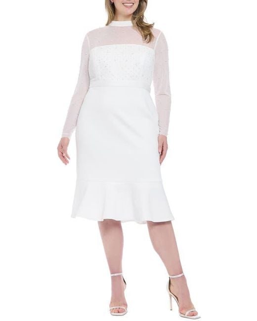 London Times Long Sleeve Faux Pearl Illusion Midi Dress in White | Lyst