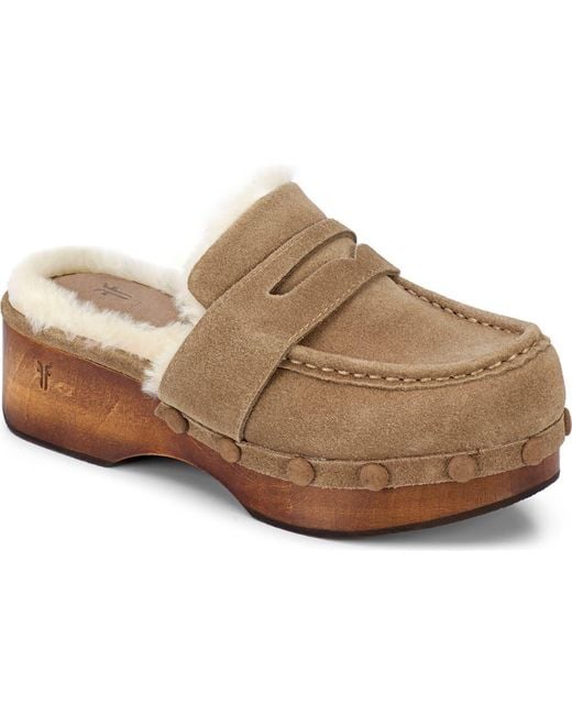 Frye Brown Melody Genuine Shearling Lined Platform Clog