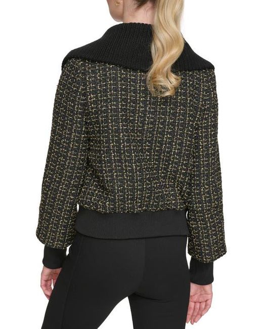 Karl Lagerfeld Knit Collar Metallic Tweed Bomber Jacket in Black | Lyst