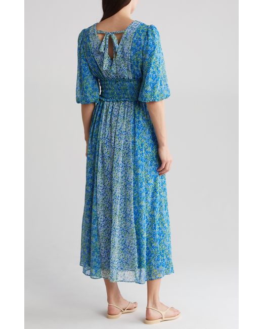 Taylor Dresses Blue Floral Puff Sleeve Smocked Waist Maxi Dress