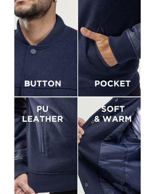 Xray Jeans Blue Mixed Media Faux Leather Bomber Jacket for men