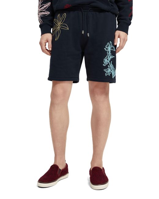 Scotch & Soda Blue Floral Embroidered Sweat Shorts for men