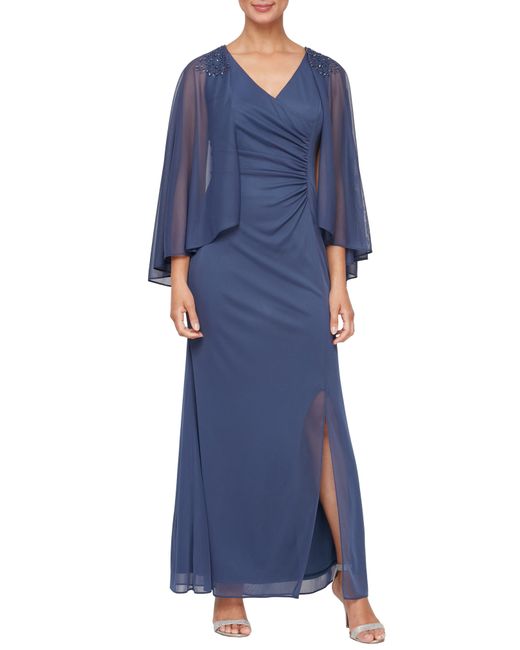 Sl Fashions Blue Embellished Cape Sleeve Ruched Gown In Violet At Nordstrom Rack