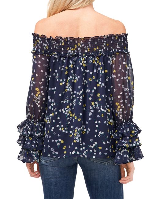 Cece Blue Scattered Daisies Off The Shoulder Blouse